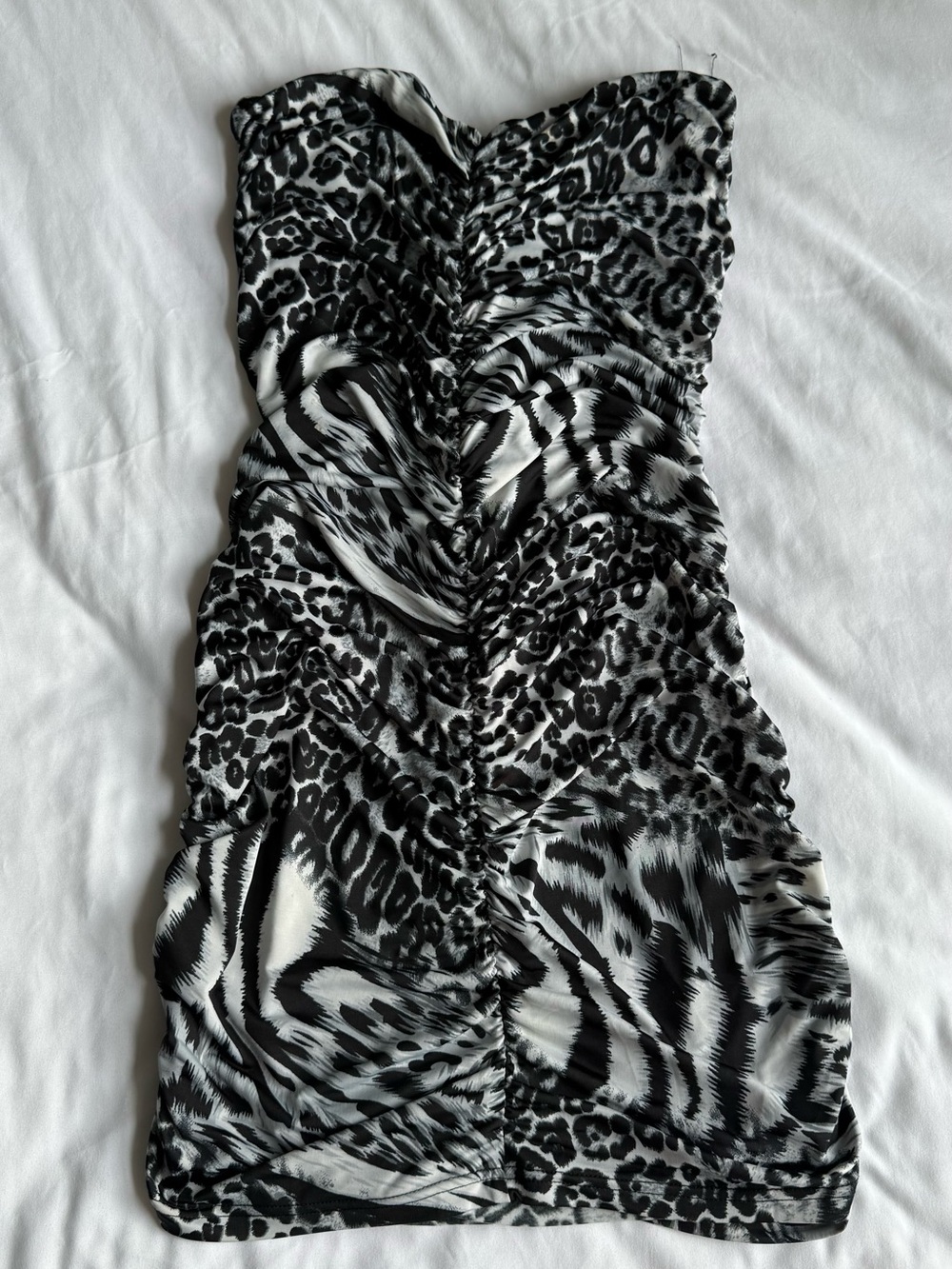 Strapless Black & White Animal-Print Ruched Mini Dress